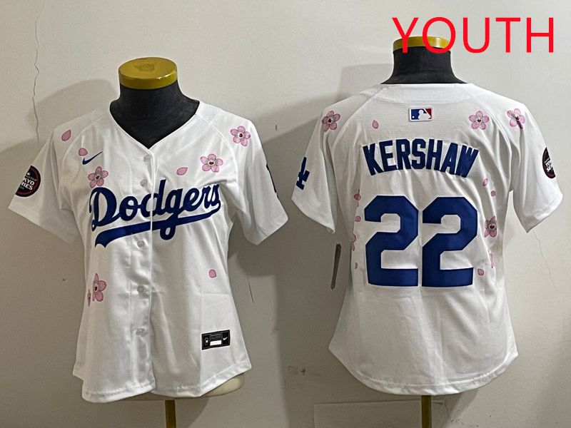 Youth Los Angeles Dodgers 22 Kershaw White Sakura Edition 2025 Nike MLB Jersey style 1